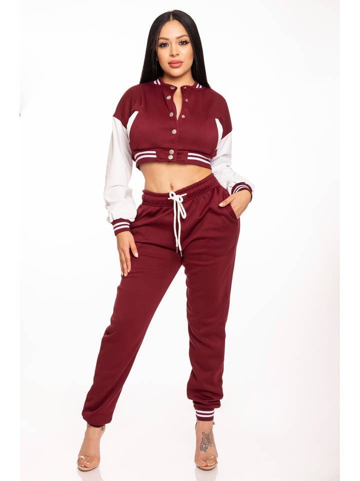 Cropped Varsity Jacket and Jogger Pants Set for wholesale by Lime All the Time