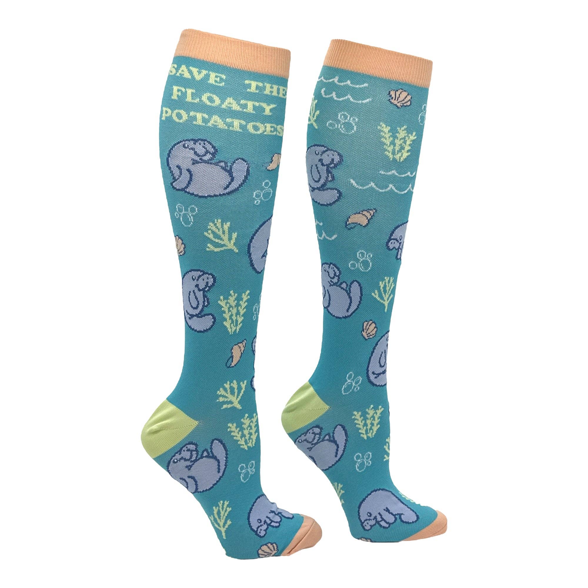 Sauvez les pommes de terre flottantes Sauvez les chaussettes de compression de pommes de terre flottantes graphique animalier en vente sur Faire0