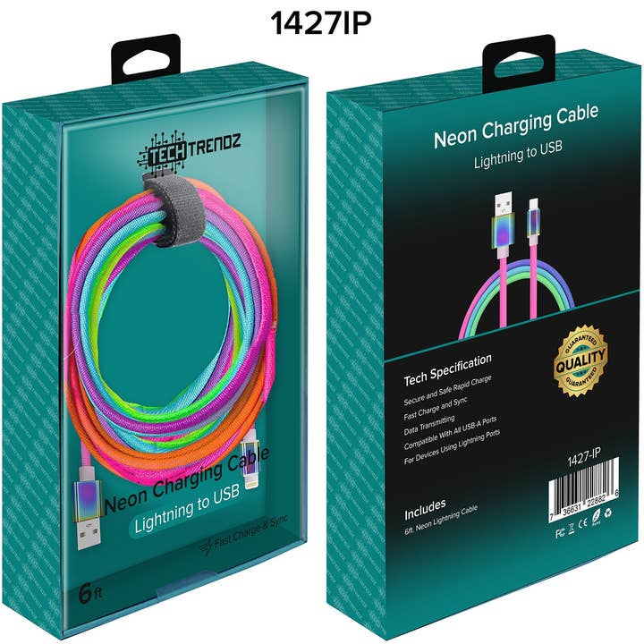 Tech Trendz - Wholesale Charging Cable - Neon Lightning Cable - 6ft