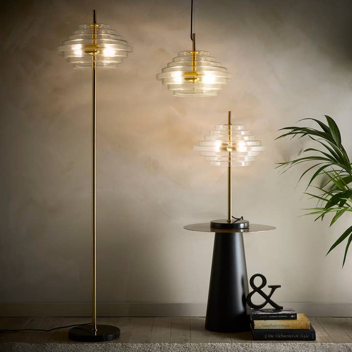K LIVING – wholesale Accent/desk lamp – Amber Copper Glass Table lamp, Floor Lamp or Ceiling Pendant collection with a brass finish and Marble lamp bases8