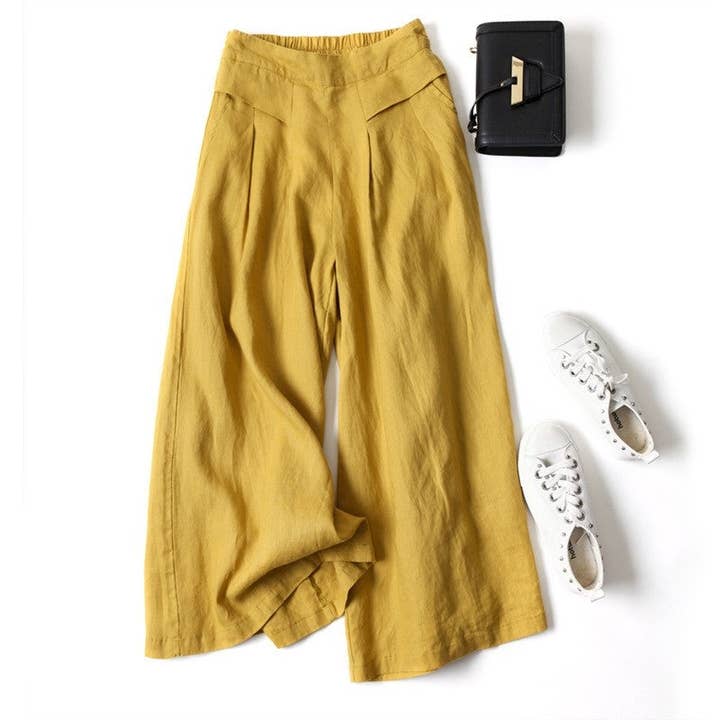 FurDecoration - Wholesale Pants - Women's - High Waist Wide Leg Pants - Solid Color Lightweight Crop3