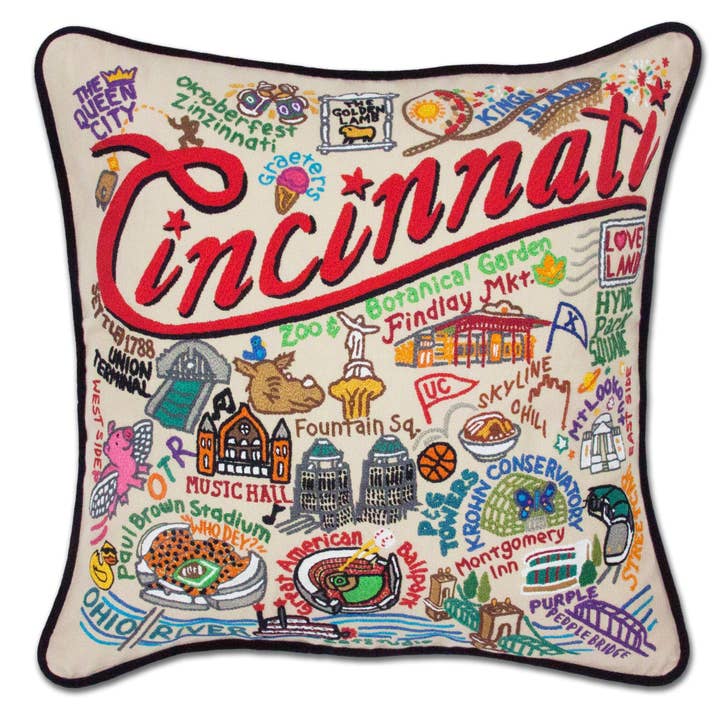 Cincinnati Hand-Embroidered Pillow for wholesale by catstudio