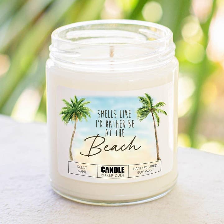 Smells Like I'd Rather Be At The Beach Funny Gift Ideas Candles, Palm Tree Tropical Beach House Decor for wholesale by Candle Maker Dude