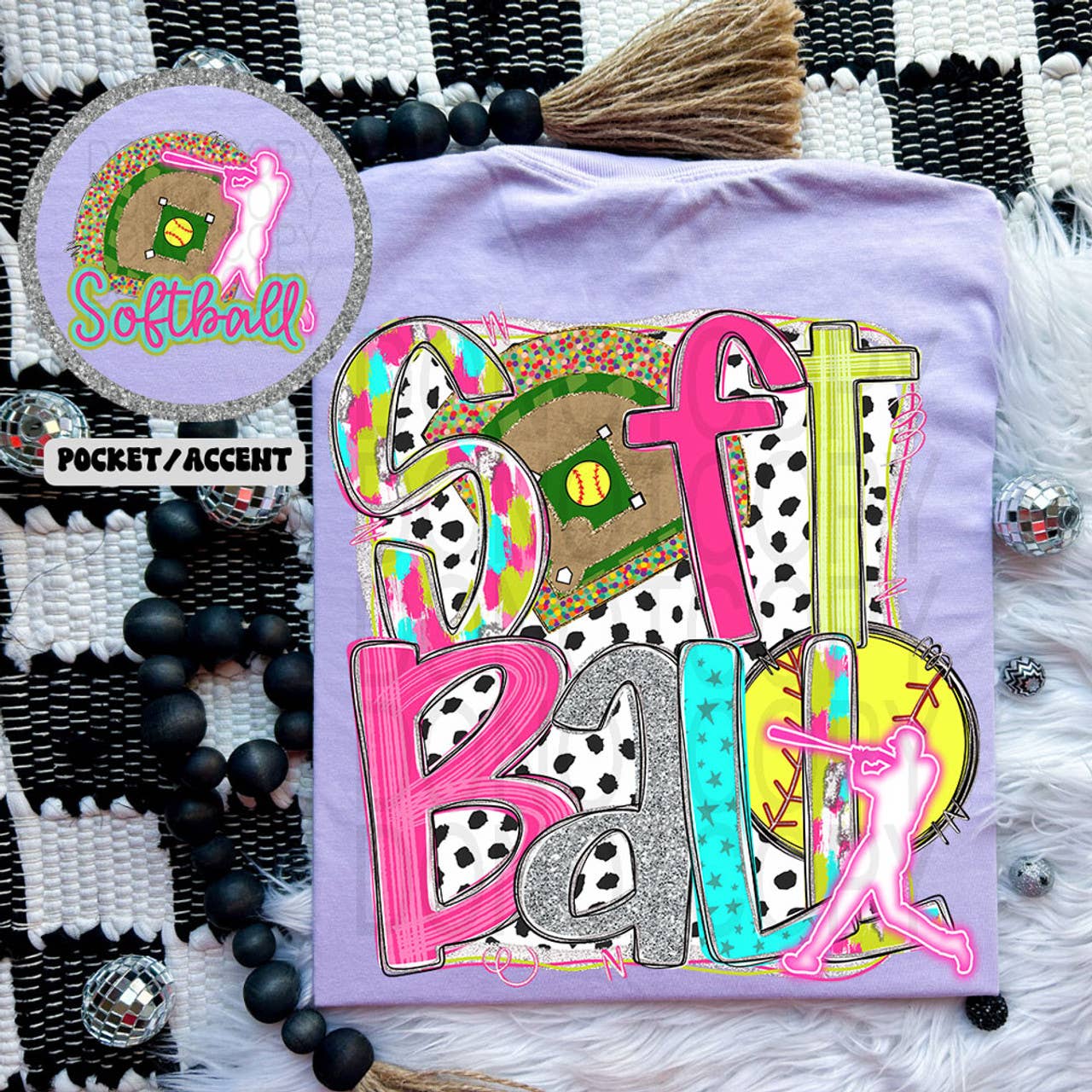 Trendy Tee Co. - Wholesale T-Shirt (Graphic) - Women's - Retro Softball Black Dots FRONT/BACK Tee0