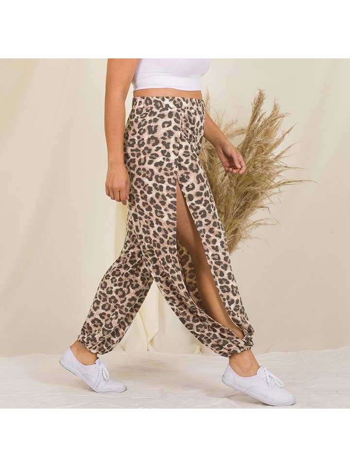 42POPS - Wholesale Pants - Women's - ,..SI-22153 Plus Leopard Split Side Pants Elastic Waist