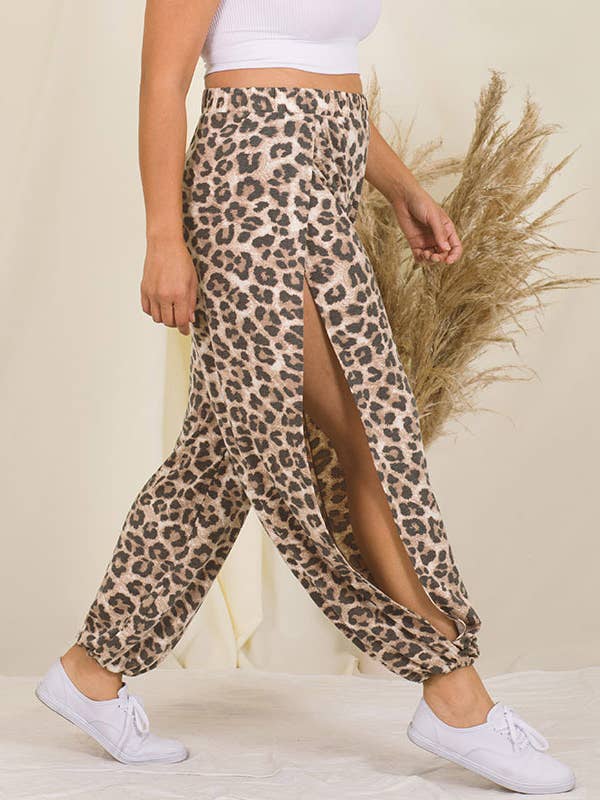 ,,..._ SI-22153 Plus Leopard Split Side Pants Elastic Waist for wholesale by 42POPS