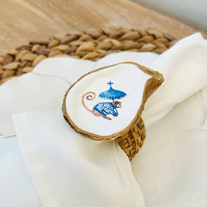 Willett and Co - Wholesale Napkin Ring - Chinoiserie Monkey Oyster Shell Rattan Napkin Rings
