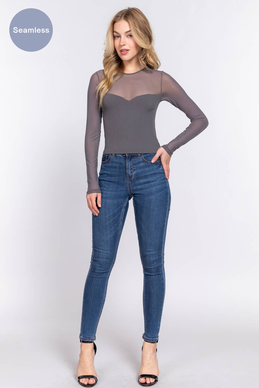 Active Basic | Active USA - Wholesale Knit Top - Women's - Long Sleeve Round Neck Mesh Combination Seamless Top3