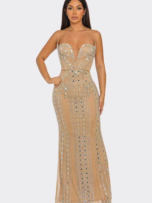 Abito Maxi con Profonda Scollo a V e Strass Oversize BCCDS71797P1 per la vendita all'ingrosso da parte di BANJUL