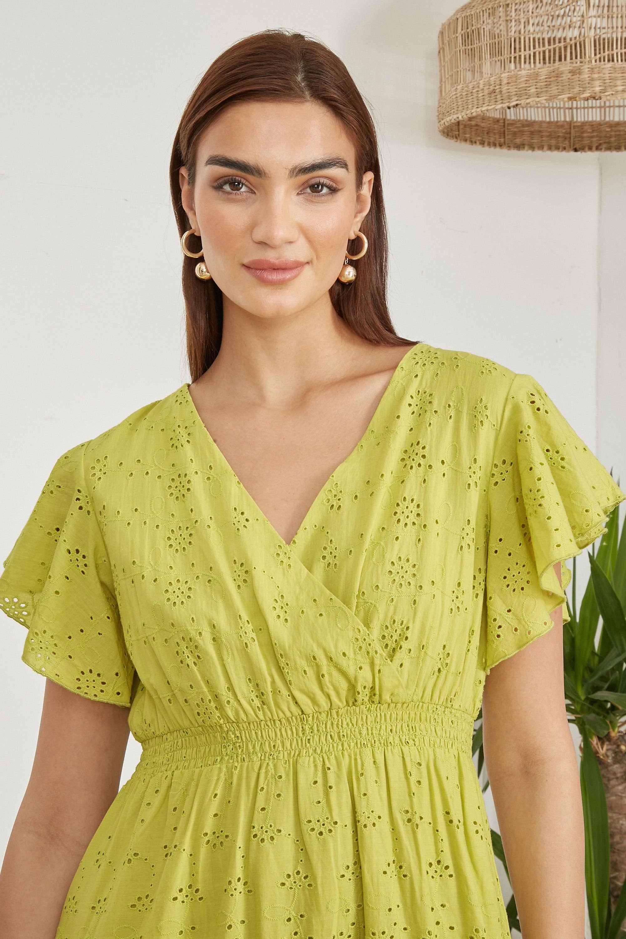 Yumi Lime Cotton Broderie Anglaise Wrap Midi Dress for wholesale on Faire1