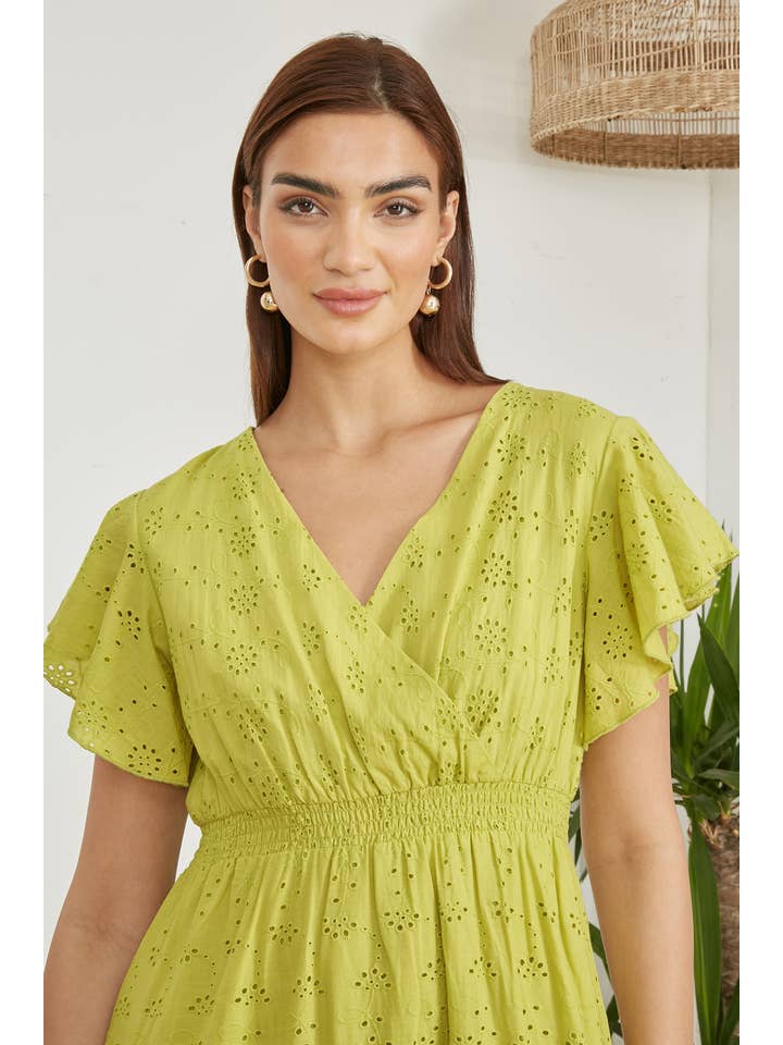 Yumi Lime Cotton Broderie Anglaise Wrap Midi Dress for wholesale on Faire1