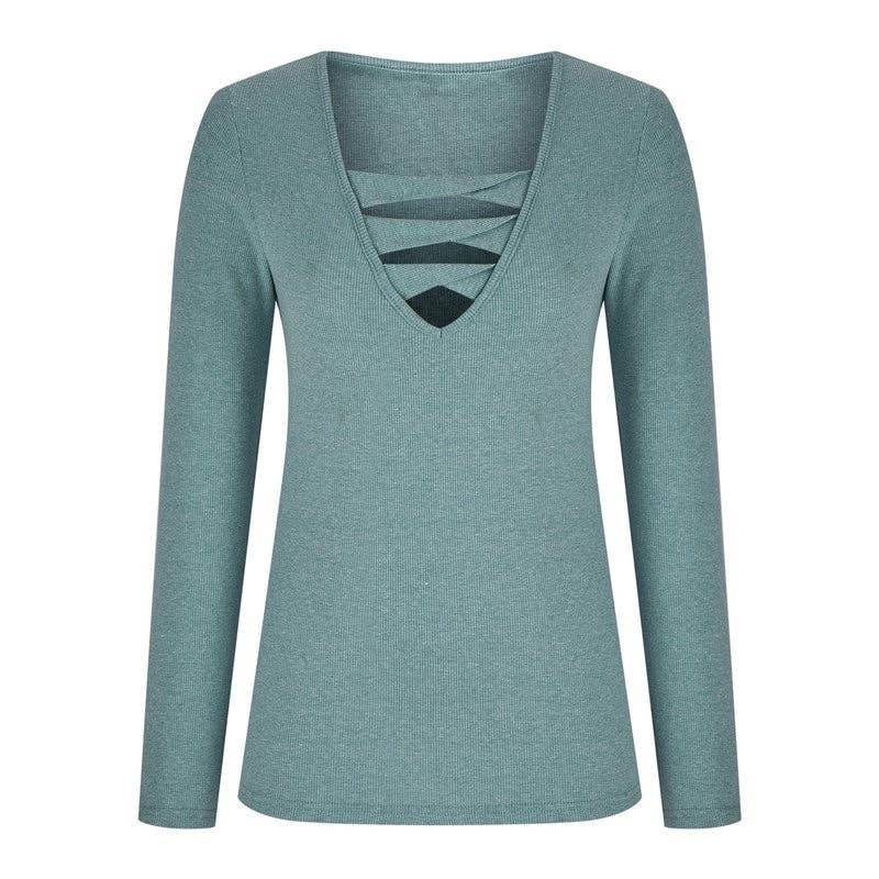 kycozy – Großhandel Strickoberteil – Damen – Einfarbiges, hohles, geripptes T-Shirt-Oberteil mit V-Ausschnitt und langen Ärmeln4