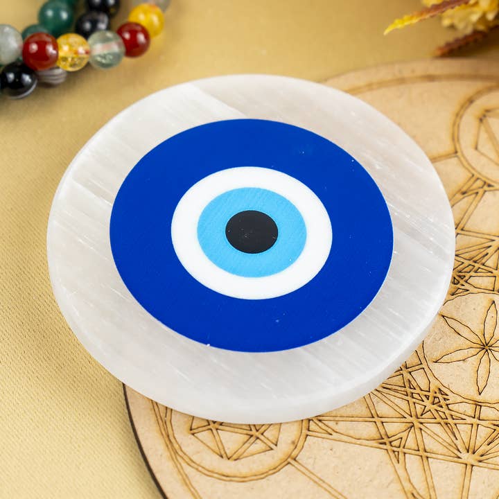 3" Selenite Plate | Evil Eye Plate | Charging Plate for wholesale by Soothing Crystals