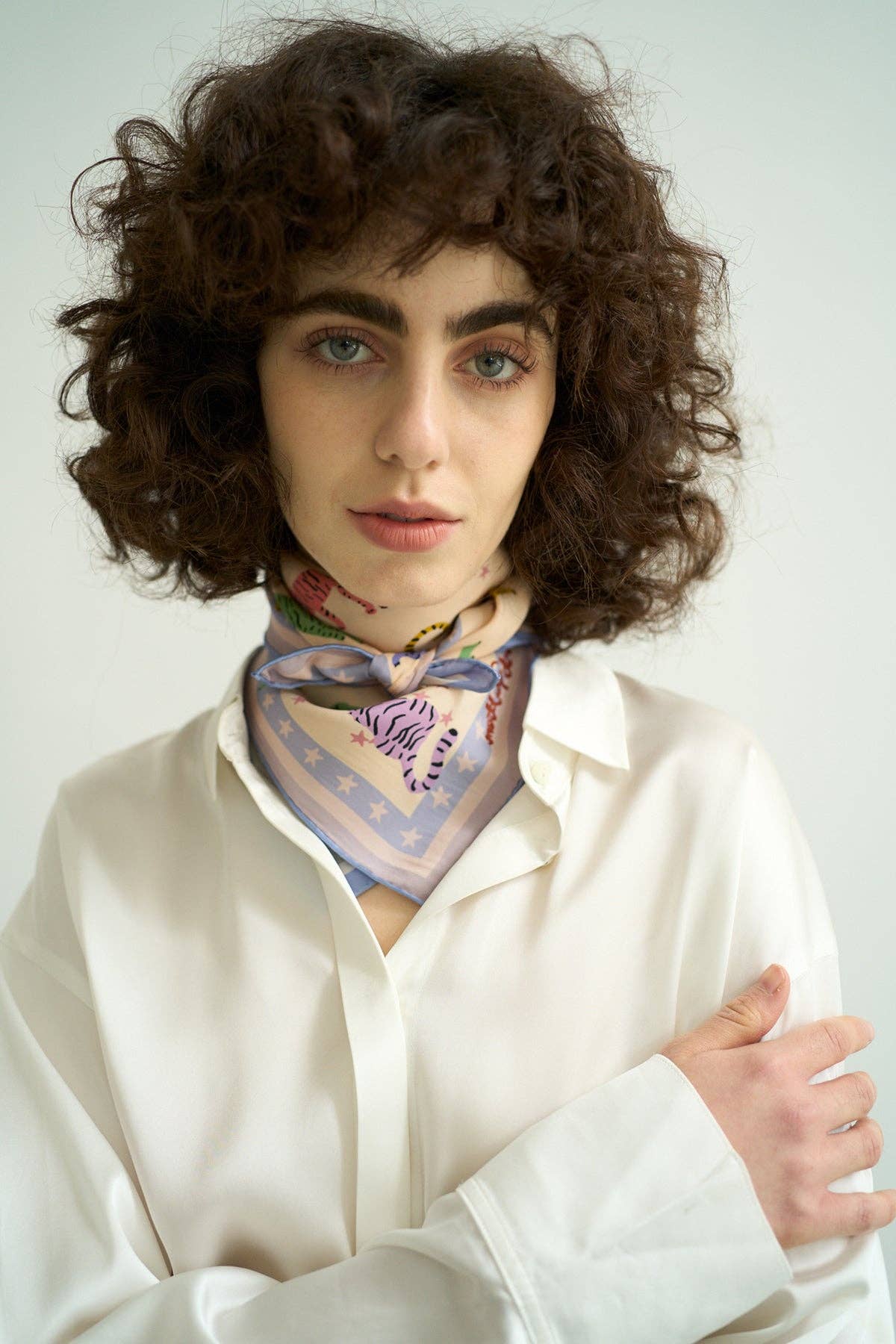 Dusty Blue "Neon Tigers" Silk Bandana Scarf for wholesale on Faire6