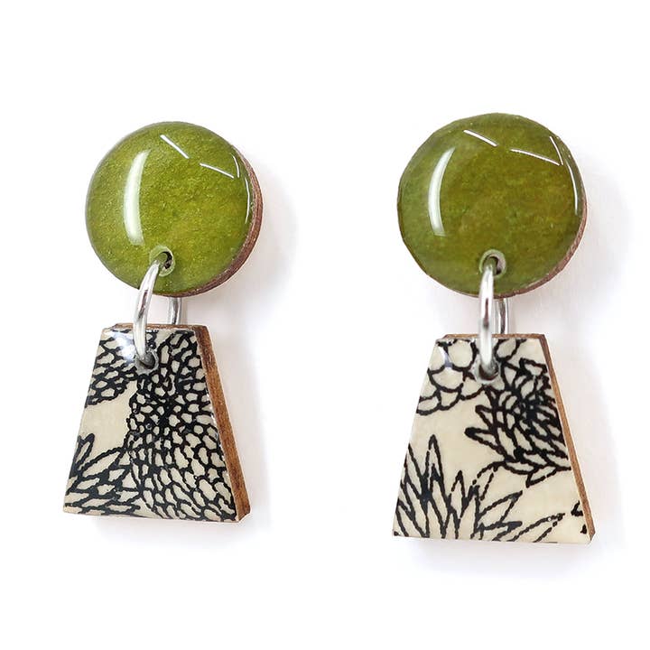 Black and cream floral small drop earrings - Moss green for wholesale by autumn + tree