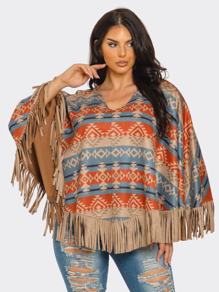 Suede Tribal Jacquard Print Fringe Trim Poncho for wholesale by Julia by LoveJ