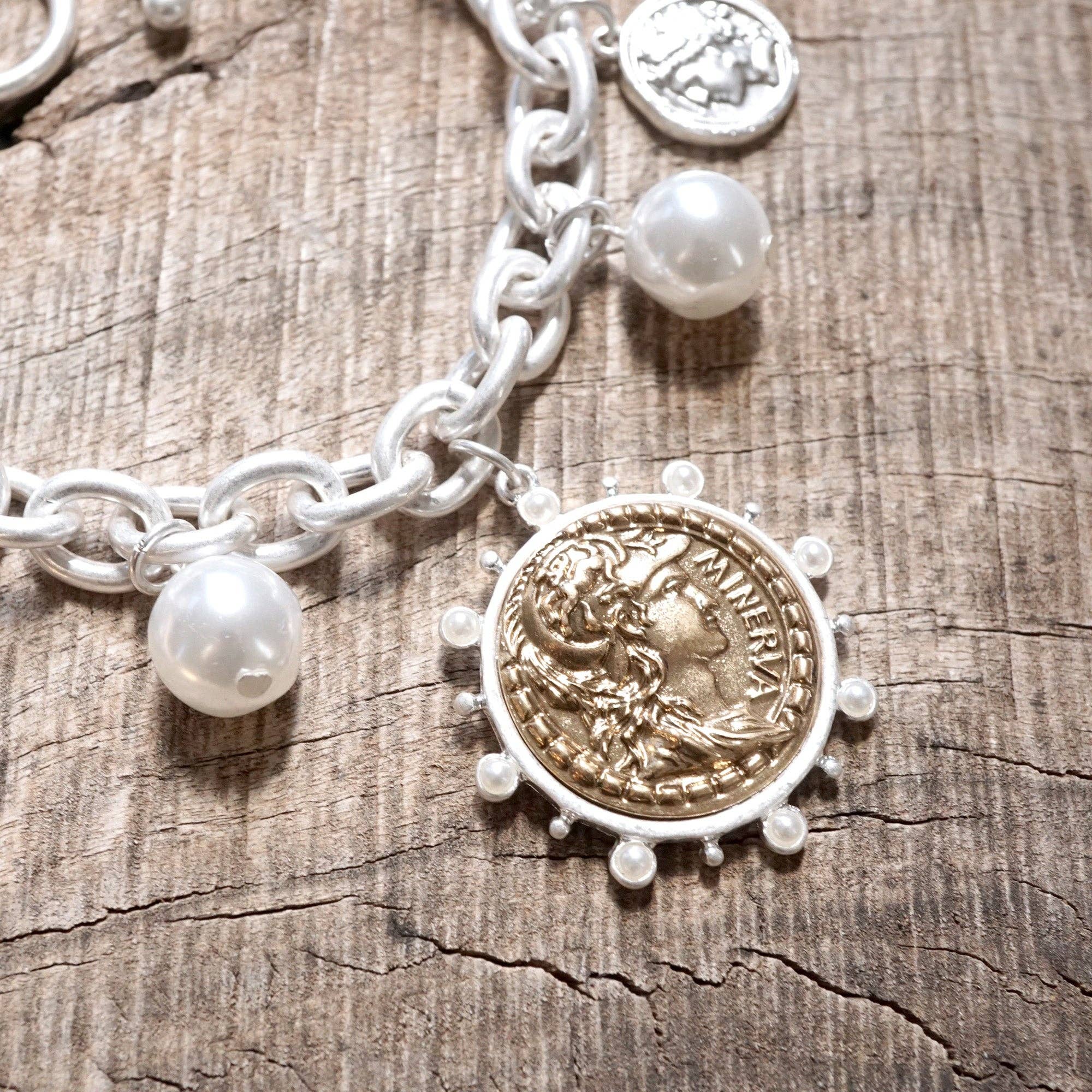 PennyLine inc - Wholesale Charm/Dangle Bracelet - Boho Coin and Pearl Charms Statement Bracelet – Gold and Silver Tone1