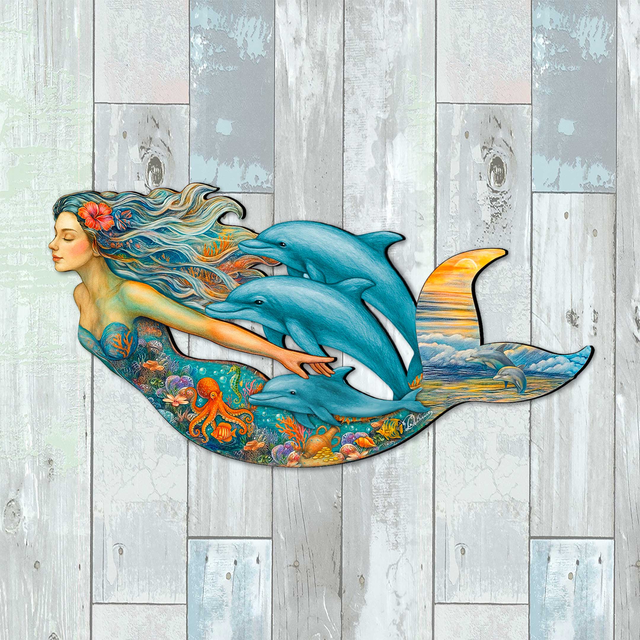 Designocracy - Wholesale Door Hanger - Mermaid & Dolphins Coastal Door Hanger - Handcrafted Ocean Fantasy Art Decor by G. DeBrekht - Coastal Holiday Decor - 81985143H1