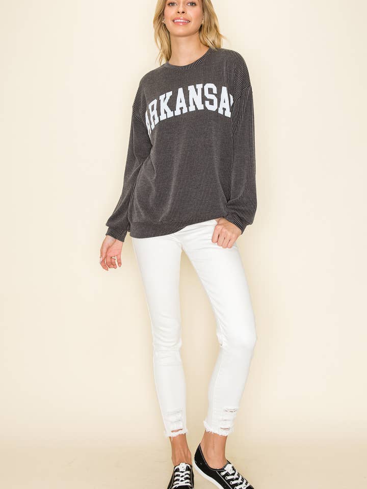 Tres Bien, Inc - Wholesale Graphic Sweatshirt - Women's - "ARKANSAS" RIBBED GRAPHIC L/S SWEATSHIRT GAME DAY
