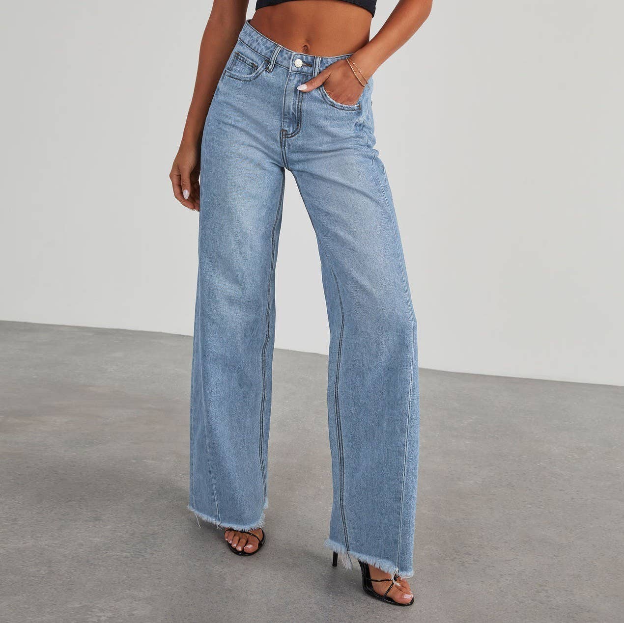 bleu Jean en denim taille haute à jambes larges en vente sur Faire0