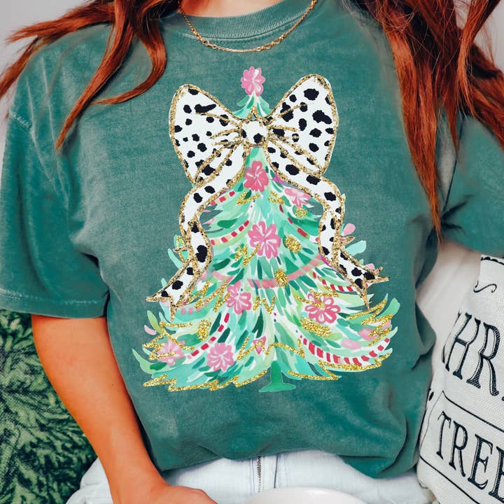 Comfort Colors Christmas Tree Graphic Tee – Holiday Bow for wholesale by Sweetteez LLC
