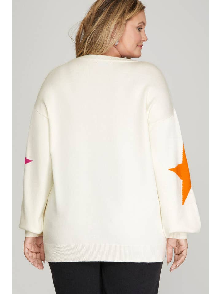 Vanilla Monkey - Wholesale Knit Sweater - Women's - Plus Sweater Top With Star Pattern Sleeves1