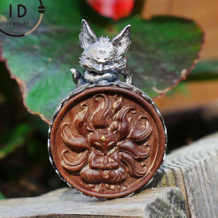 Fox Pendant in Sterling Silver and Carved Agarwood in Totem Witchcore Style – Spiritual Necklace, Birthday Gift for Her, Handmade Amulet for wholesale by idjewelry