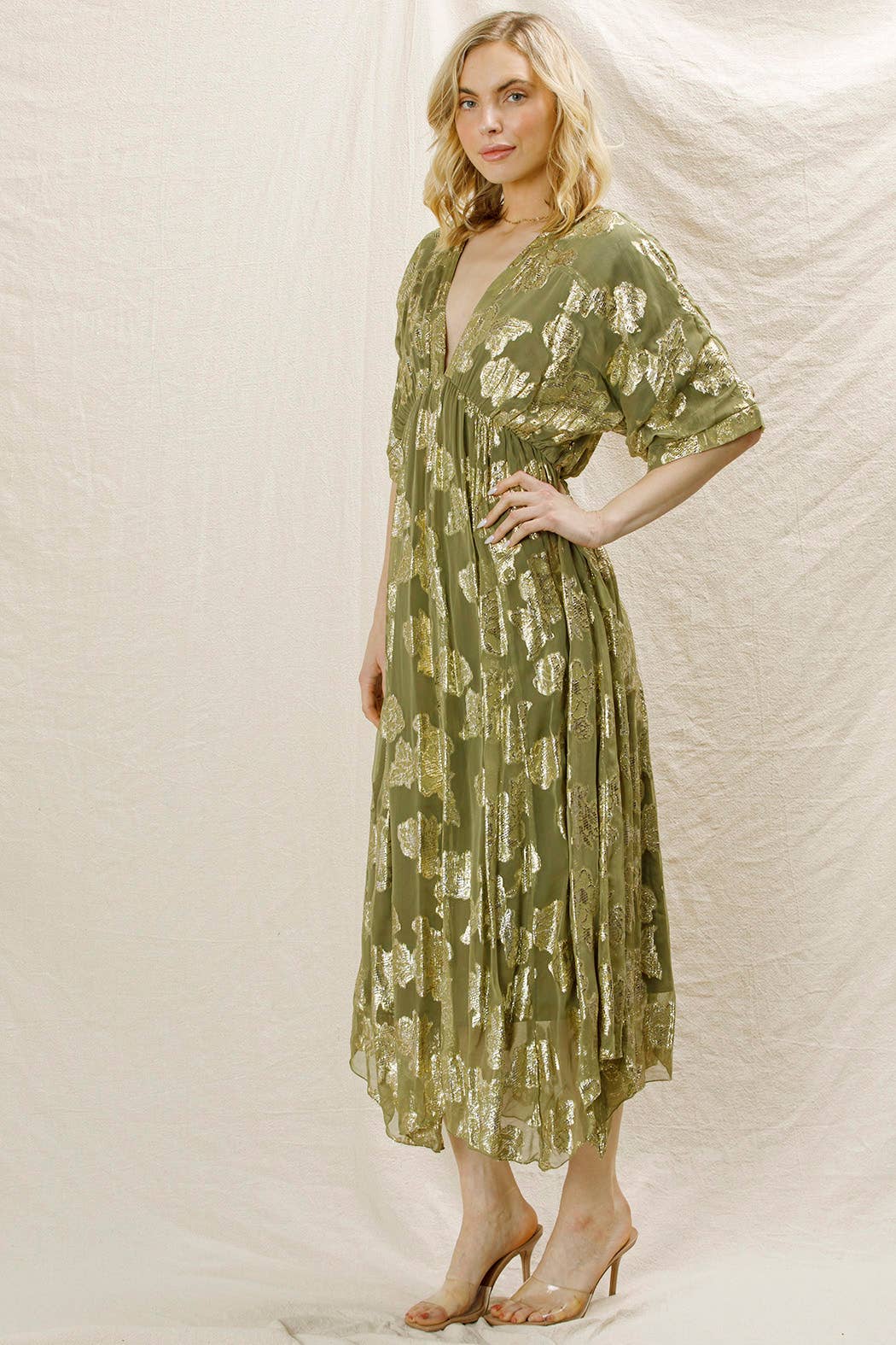 En Crème - Vente Robe – femme - Robe longue à manches kimono à col en V17