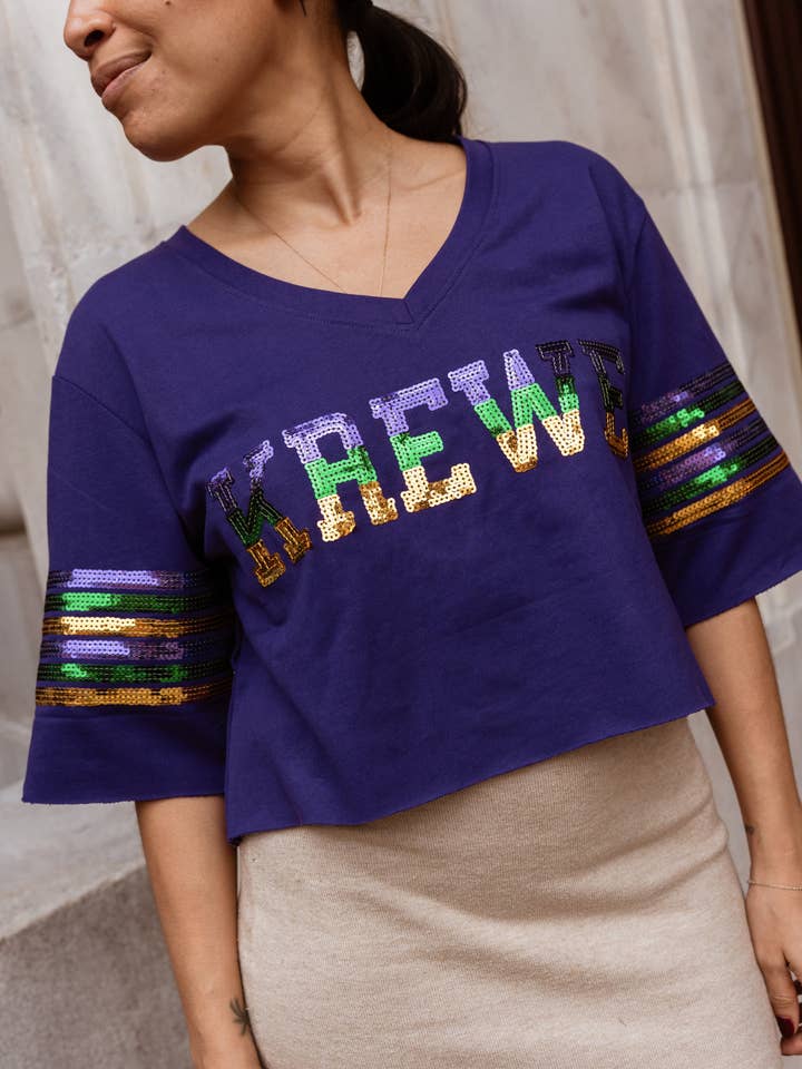 Sequin Krewe Short Sleeve Crop Pullover – Purple for wholesale by Mardi Gras Creations