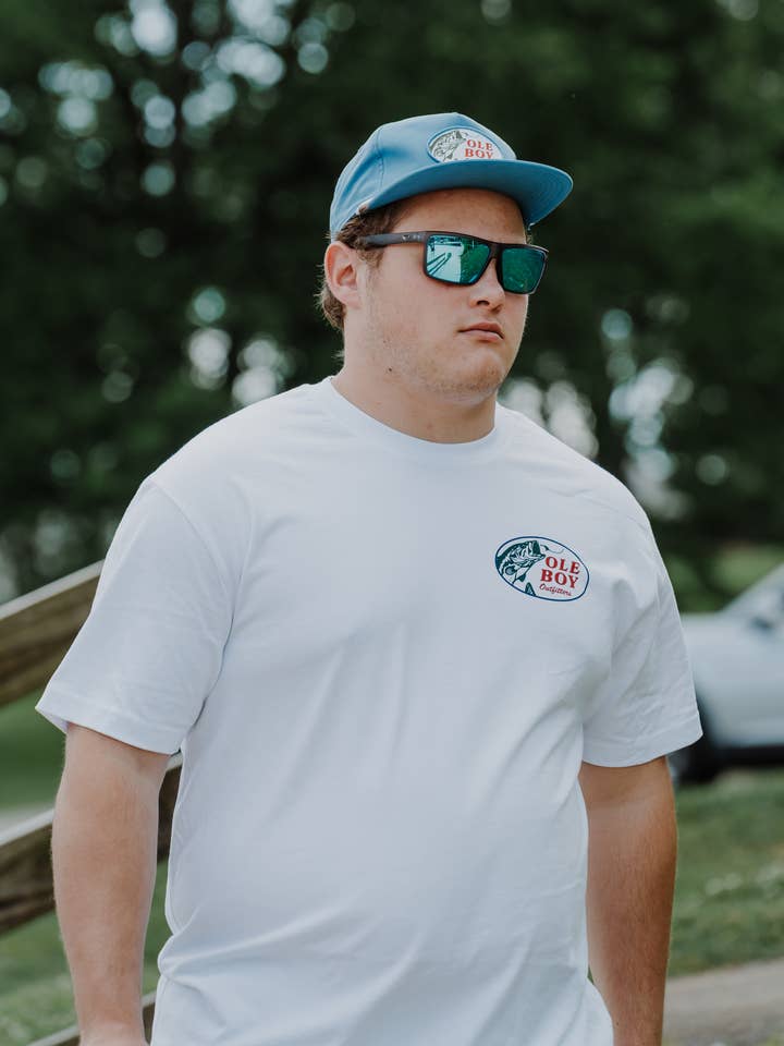 White OLE BOY Lured in Bass T-Shirt for wholesale on Faire