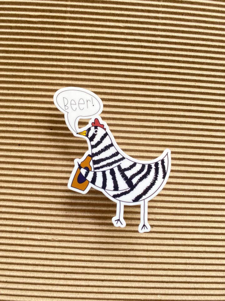 Handdrawn chicken sticker expressing his love for beer, chicken decal for wholesale by Mae'd