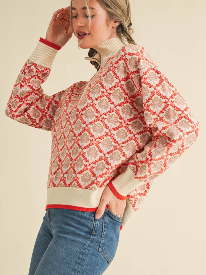 &MERCI - Wholesale Knit Sweater - Women's - FLORAL MOCK NECK HALF ZIP PULLOVER MSW108297