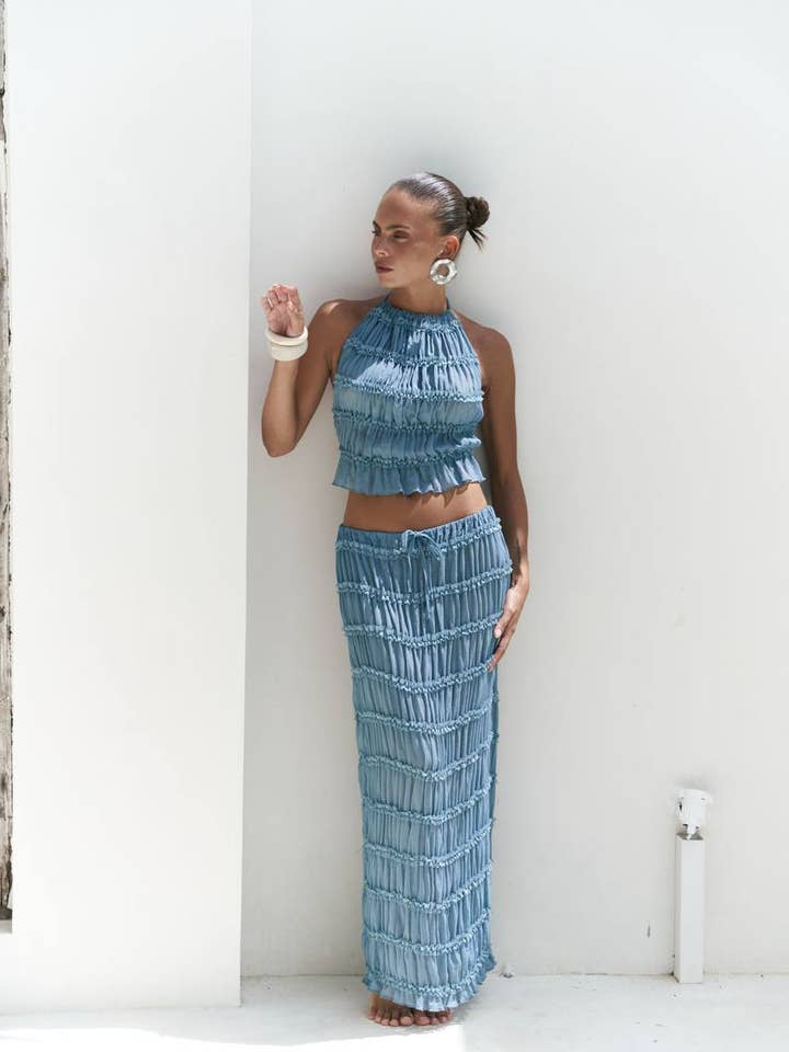 Blue Boho Chic Two-Piece Set – Halter Neck Crop Top and Skir for wholesale by DesignofBoho