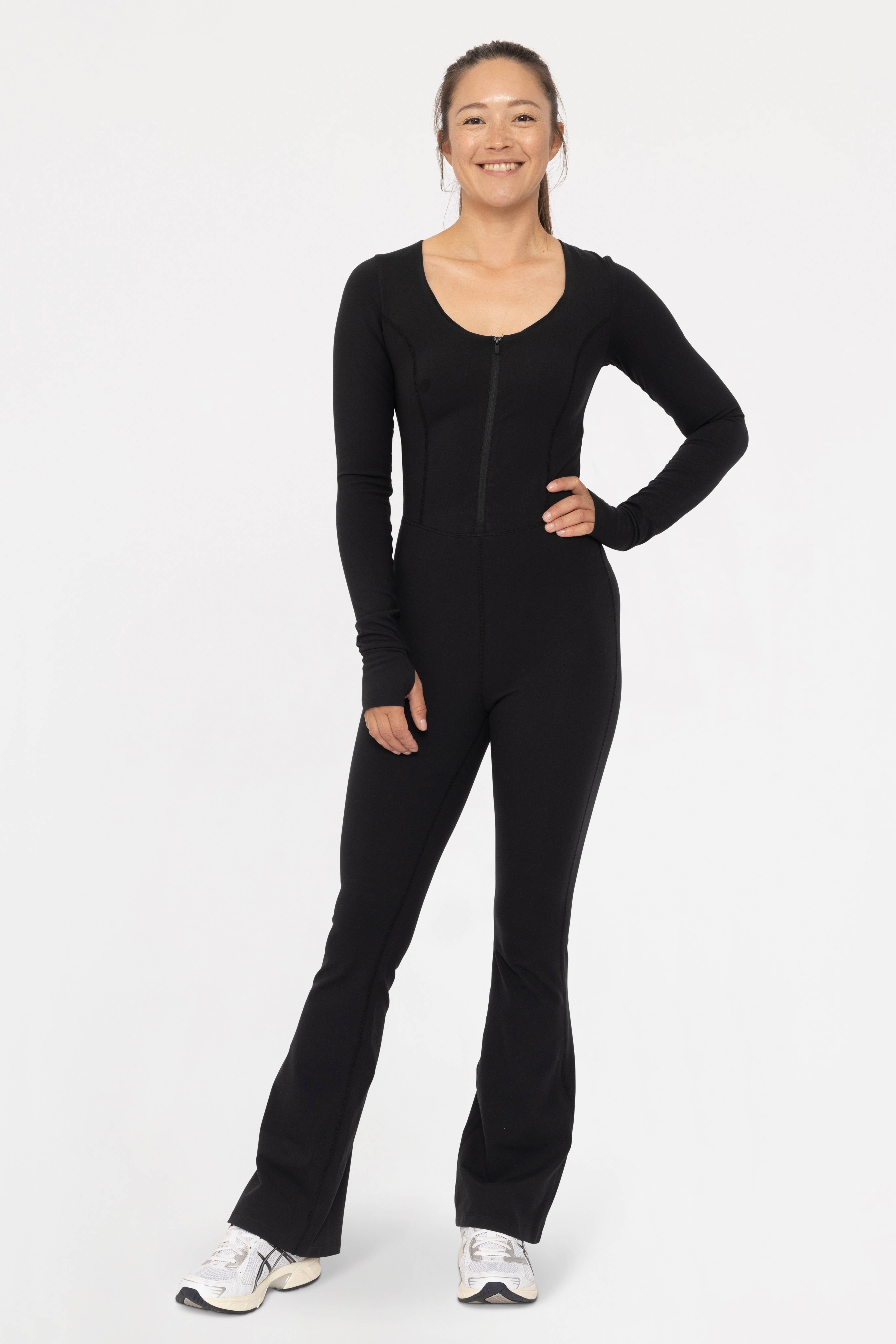 Black GREEN - Long Sleeve Zip Up Flared Jumpsuit for wholesale on Faire0