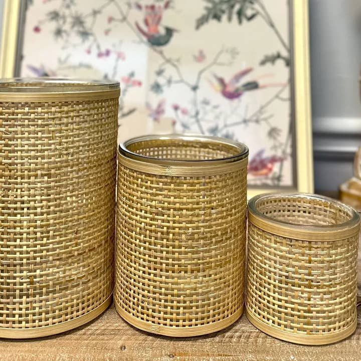 Vagabond Vintage - Wholesale Candle Holder - WEAVED RATTAN WRAPPED GLASS VASE/CANDLE HOLDER2