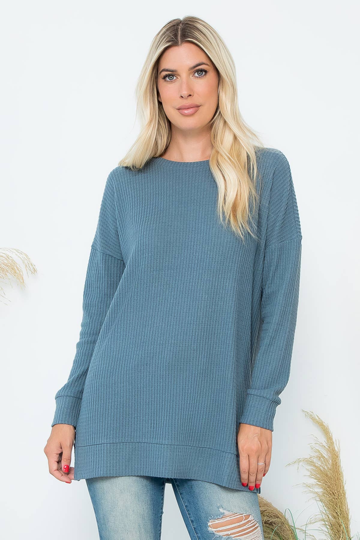 You & Me – wholesale Tunic sweater – Women’s – YMT20075V-BRUSHED WAFFLE ROUND NECK SIDE SLIT SWEATER28