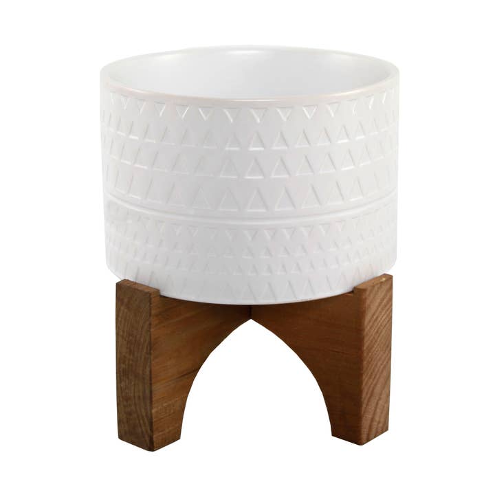 Fioriera in ceramica bianca con texture con supporto in legno per la vendita all'ingrosso da parte di Flora Bunda Inc