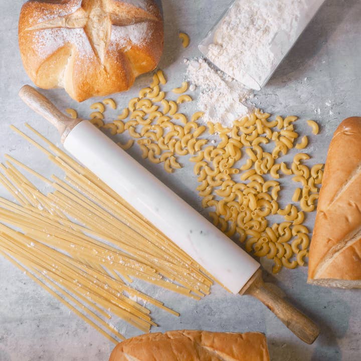 White Marble & Mango Wood Rolling Pin w/ Base for wholesale on Faire9