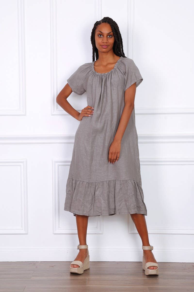 Happy look - Wholesale Dress - Women's - Long Linen Dress with Short Sleeves and Elastic Collar4