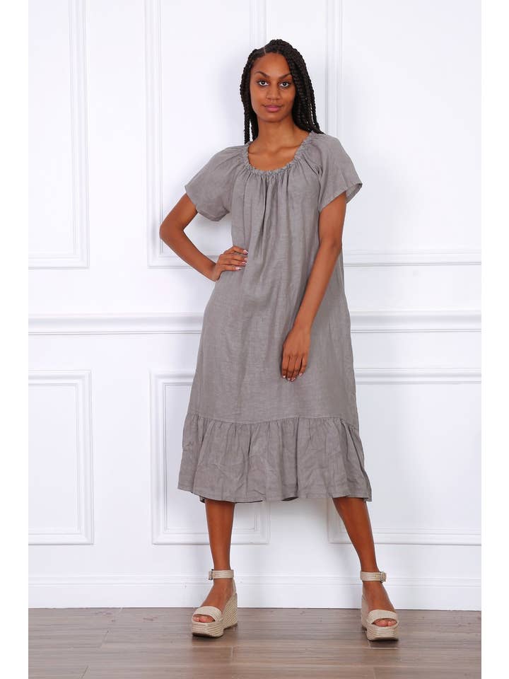 Happy look - Wholesale Dress - Women's - Long Linen Dress with Short Sleeves and Elastic Collar4