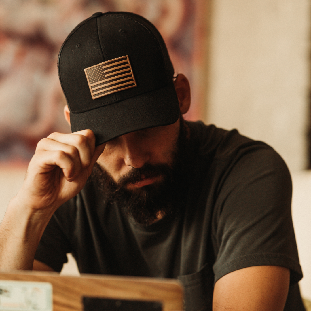 Range Leather Co. - Wholesale Trucker Hat - Unisex - American Flag Hat - Leather Patch Trucker Snapback2