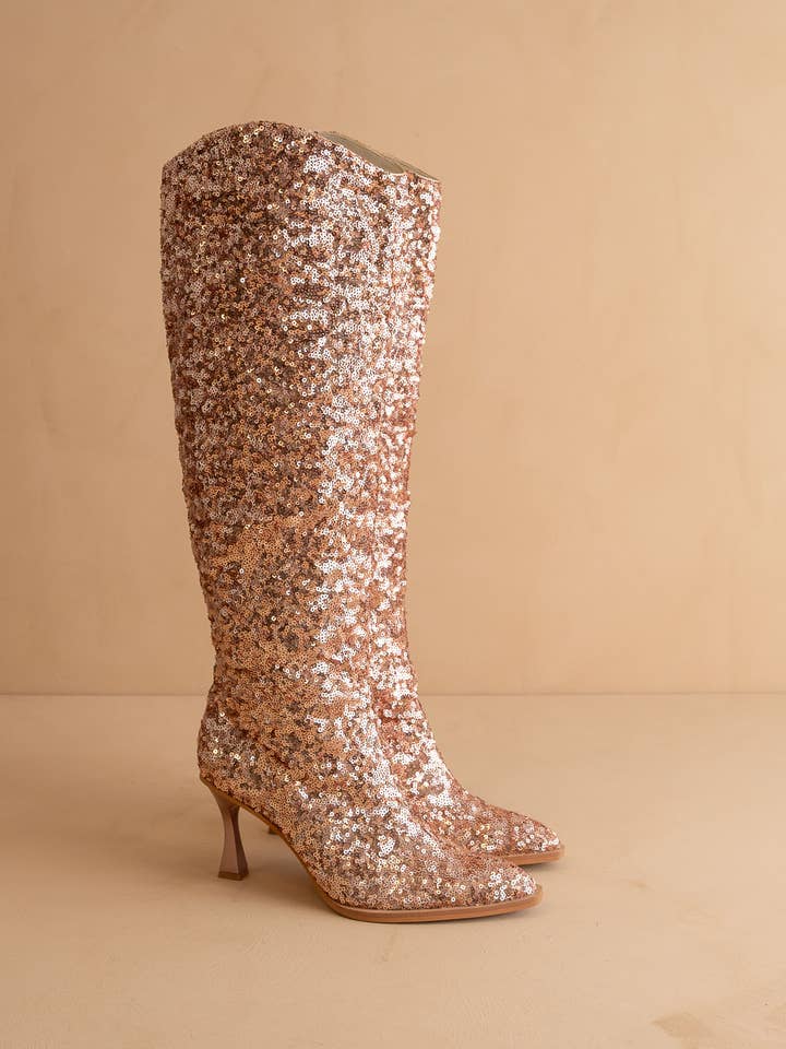 The Jewel Rose Gold | Knee High Sequin Boot for wholesale on Faire