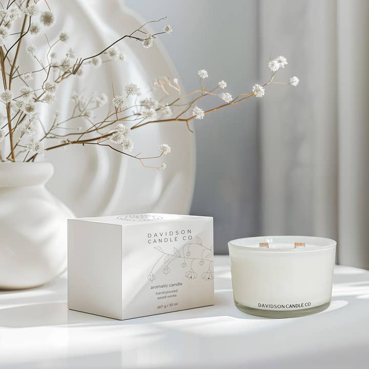 3 wick White 20 oz glass jar candle in box / case of 6 for wholesale by Davidson Candle Company LLC