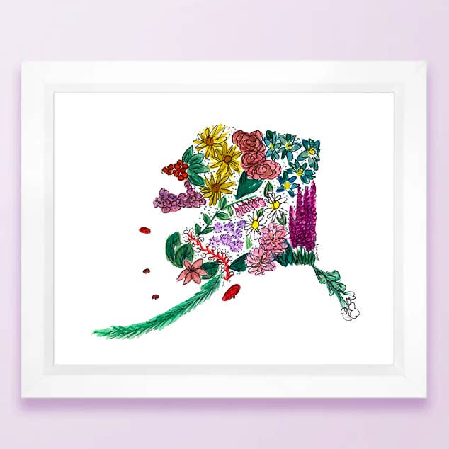 Floral State Map Print - Alaska for wholesale by Allison’s Illustrations