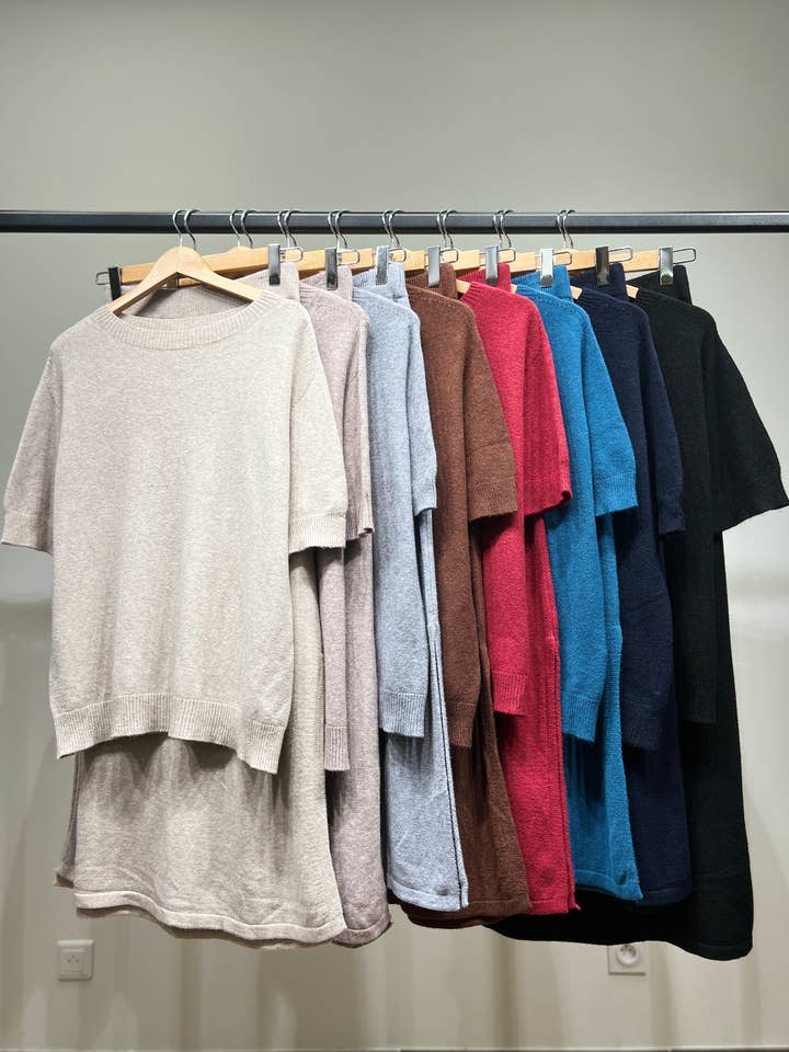 Short Sleeve Ribbed Hem Slit Sweater Skirt Set for wholesale by L'Emotion