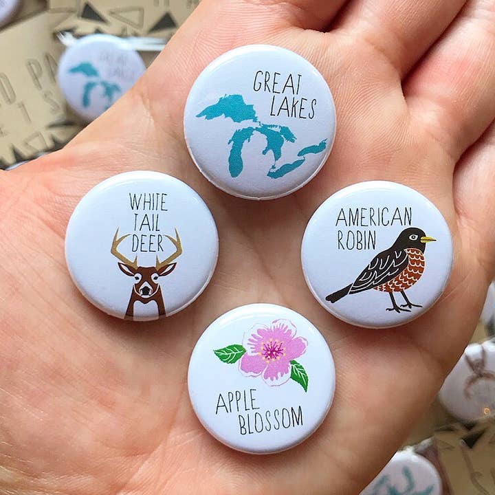 Michigan Icons - pins or magnets for wholesale by Arthur's Plaid Pants