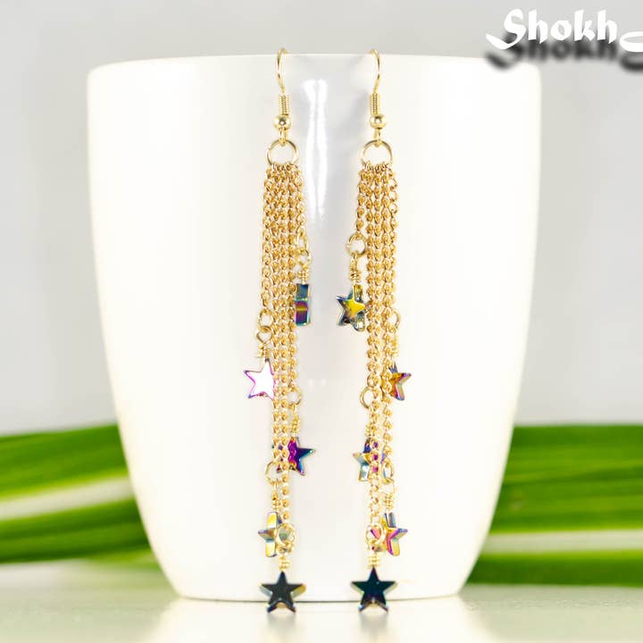 Extra long Rainbow Hematite Star and Chain Earrings for wholesale by Shokh Jewelry