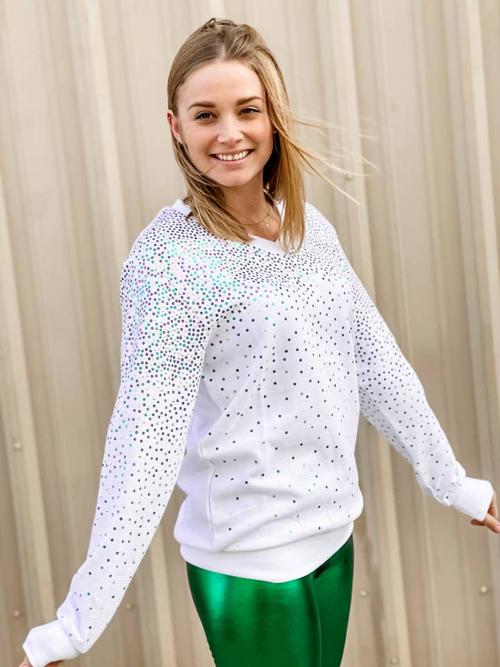 ASP Adult Sequin Explosion V-Neck Pullover - White for wholesale by Mardi Gras Creations