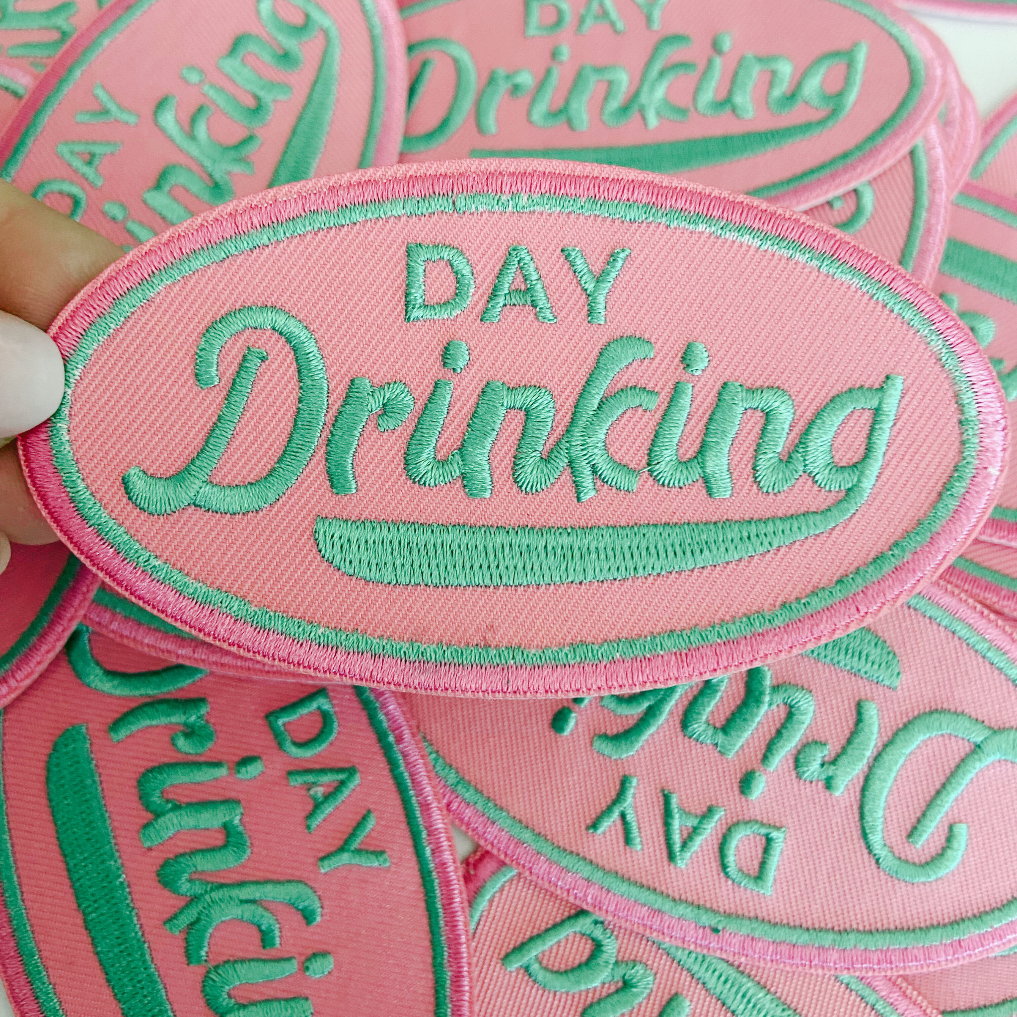 TEELUX - Wholesale Patch - 3.75" Day Drinking in Pink and Teal  -  Embroidered Hat Patch (Version 2)2