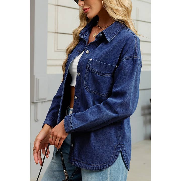 Washed Retro Loose Casual Split Denim Shacket for wholesale by Paperdoll